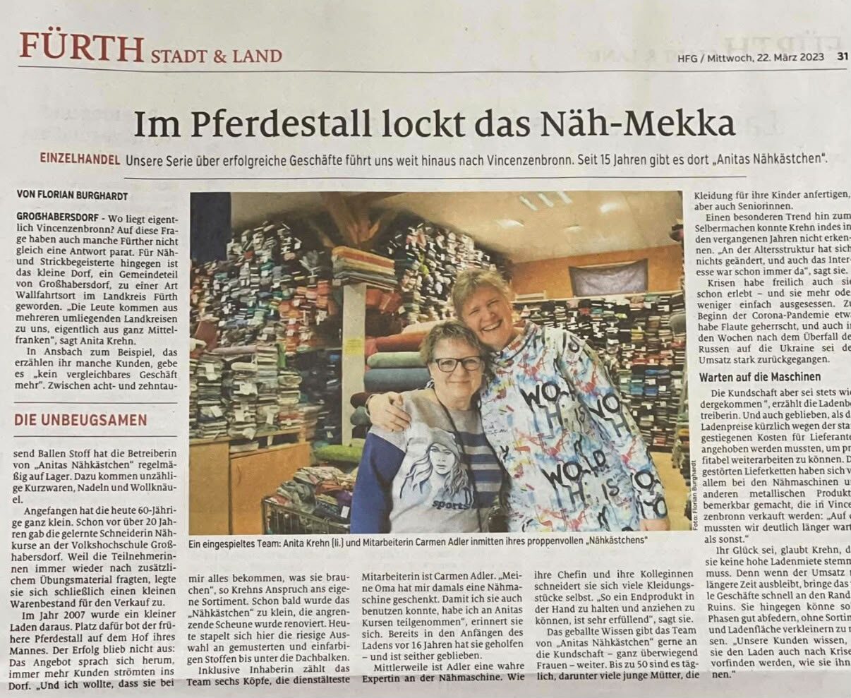 Zeitungsartikel „Im Pferdestall lockt das Näh-Mekka“, Fürther Nachrichten